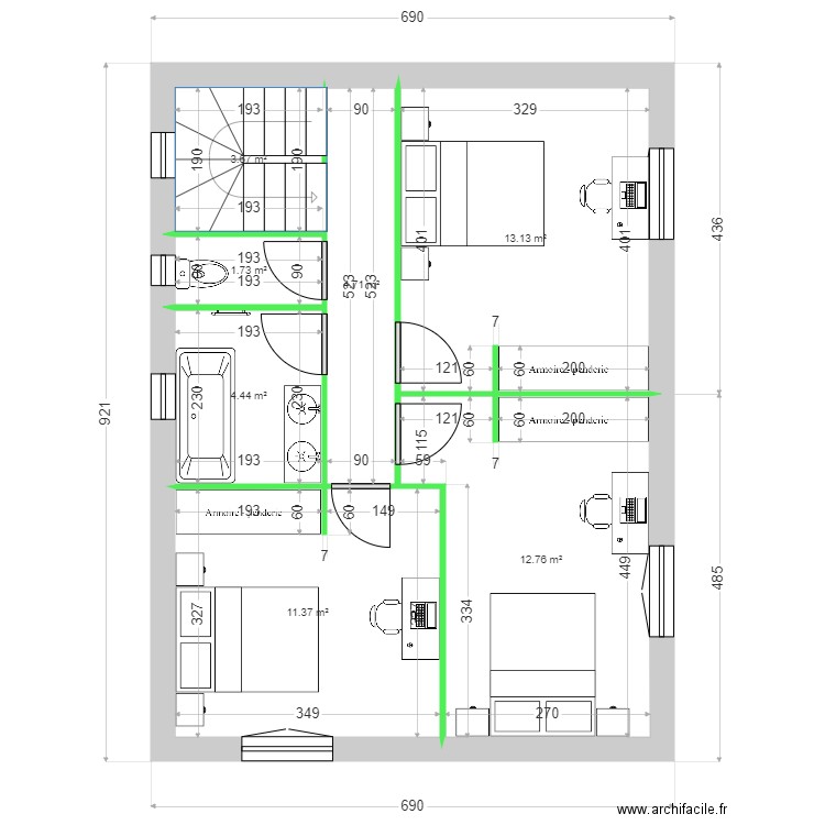 CARRERE ETAGE LOT 6. Plan de 7 pièces et 52 m2