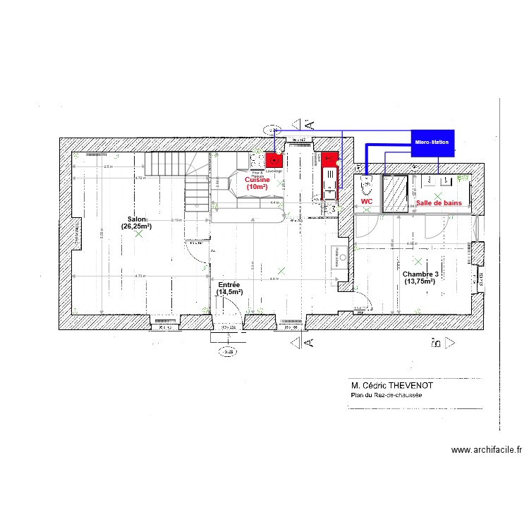Plan RDC Petite Maison avec évacuations et électricité et escalier aux dimensions. Plan de 0 pièce et 0 m2