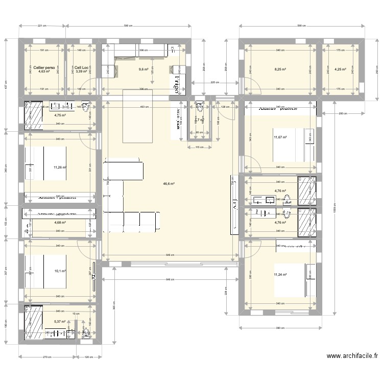 HILY 050622. Plan de 16 pièces et 147 m2