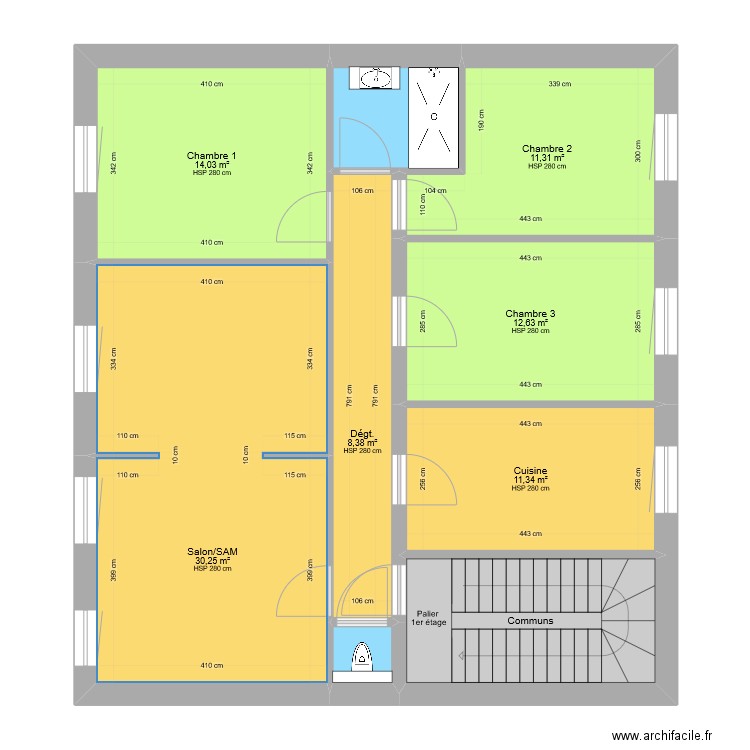 Appartement T5 - 1er étage - Audun (SDB). Plan de 9 pièces et 103 m2