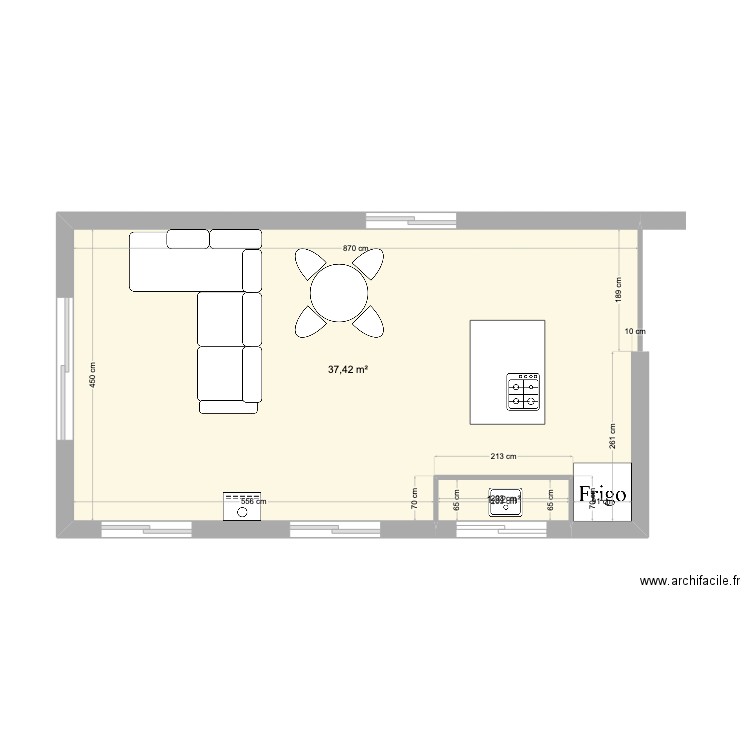 RDC 230317 salon cuisine. Plan de 2 pièces et 39 m2