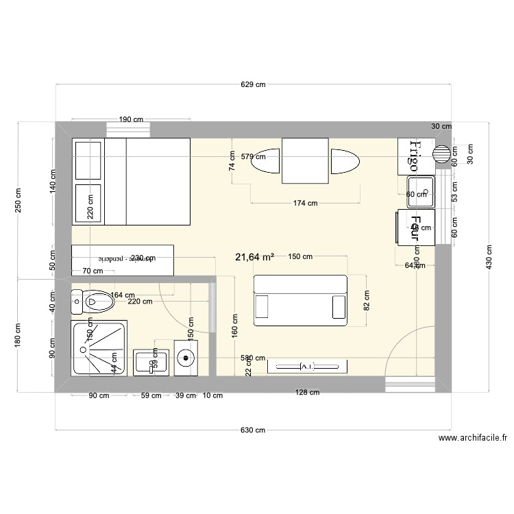 sdb parents. Plan de 1 pièce et 22 m2