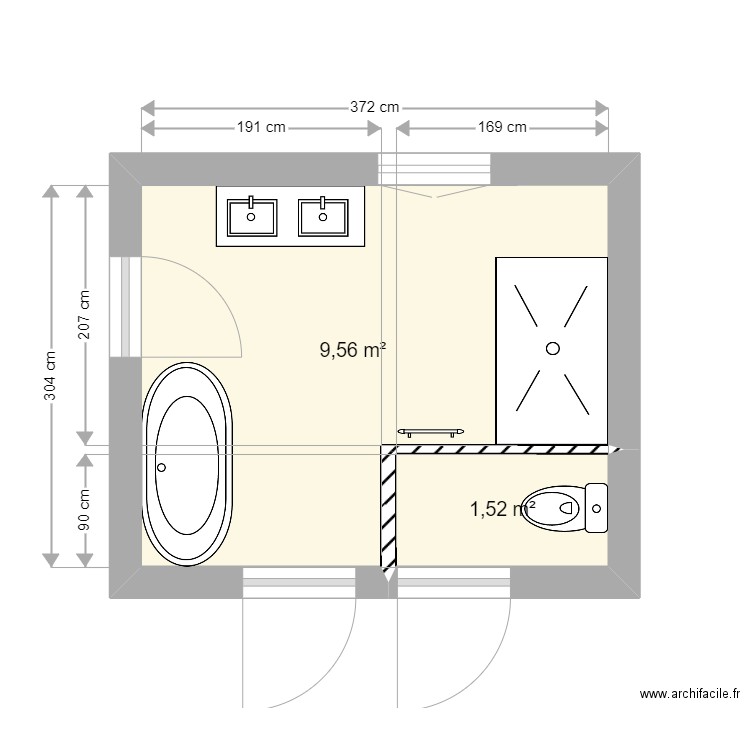 SDB Etage. Plan de 2 pièces et 11 m2