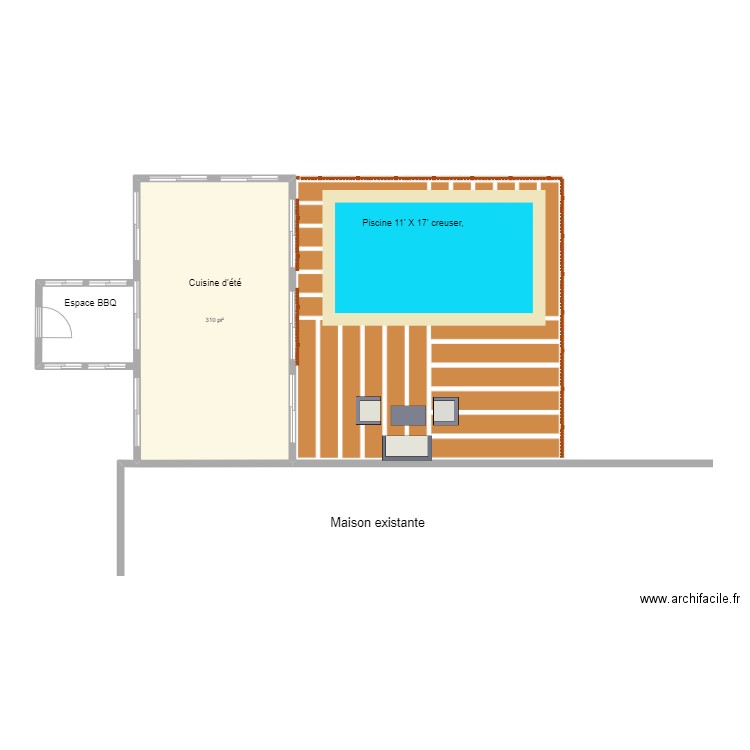 Patio avec piscine. Plan de 1 pièce et 29 m2