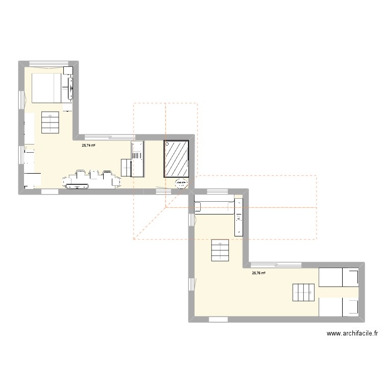 Container. Plan de 2 pièces et 52 m2