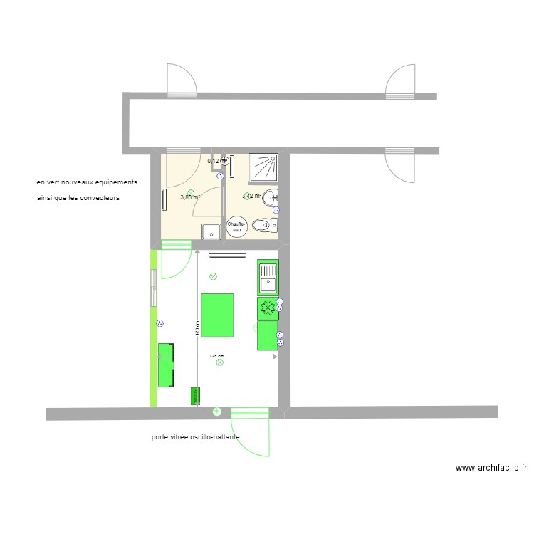 loge Bremontier definitif. Plan de 3 pièces et 7 m2