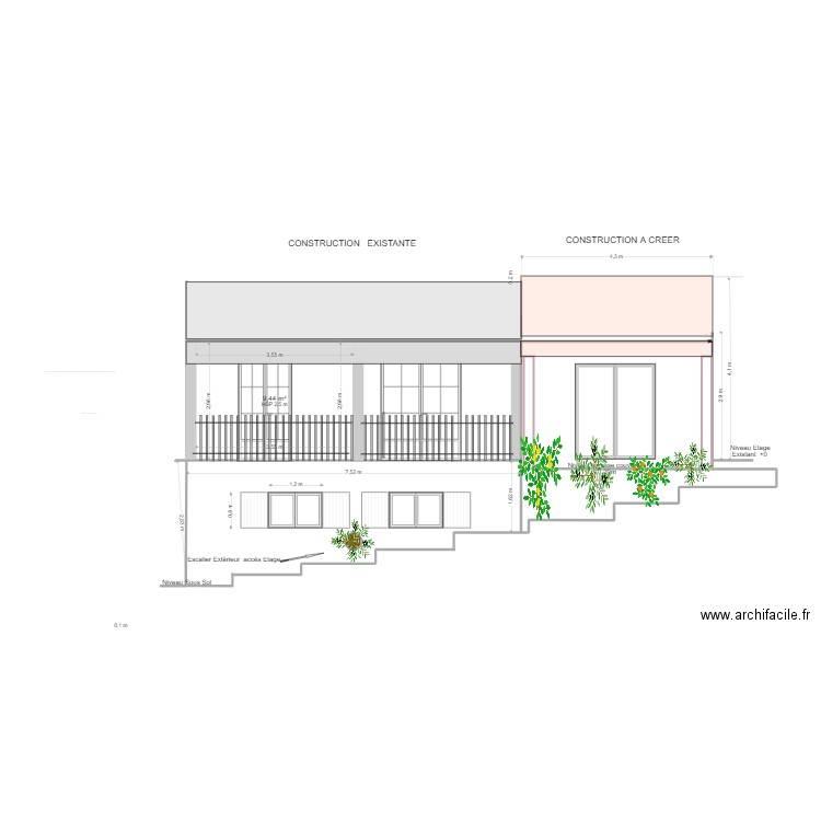 Façade SUD. Plan de 2 pièces et 14 m2