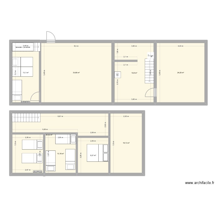 Gite. Plan de 8 pièces et 156 m2