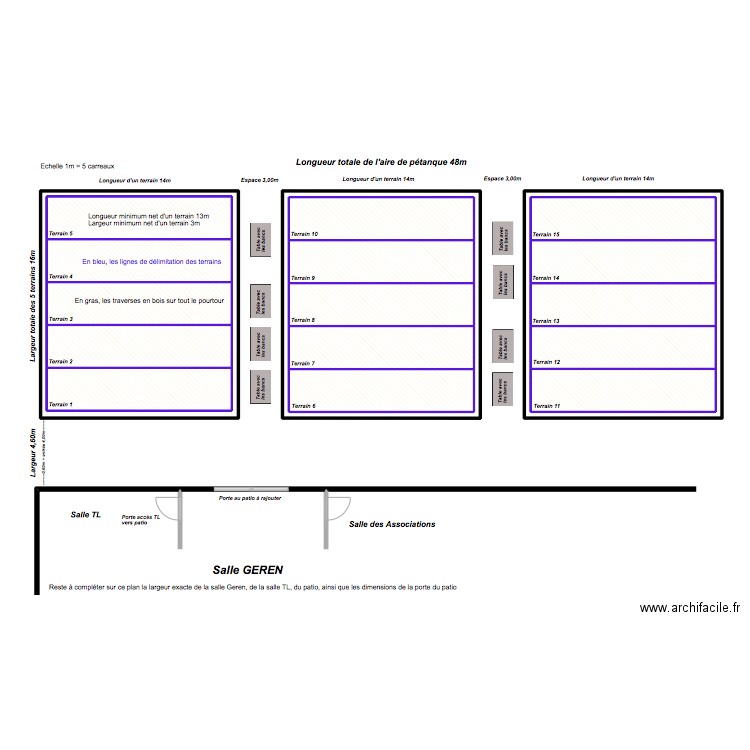 Implantation de 15 terrains de pétanque. Plan de 18 pièces et 310 m2