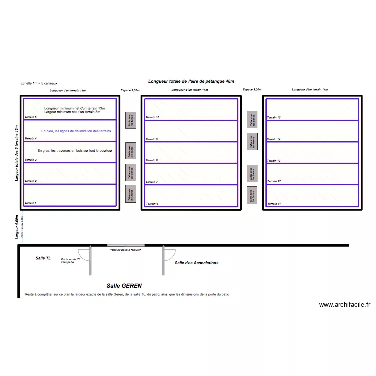 Implantation de 15 terrains de p&eacute;tanque. Plan de 