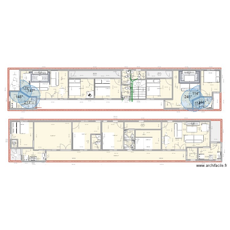 R+1. Plan de 29 pièces et 186 m2