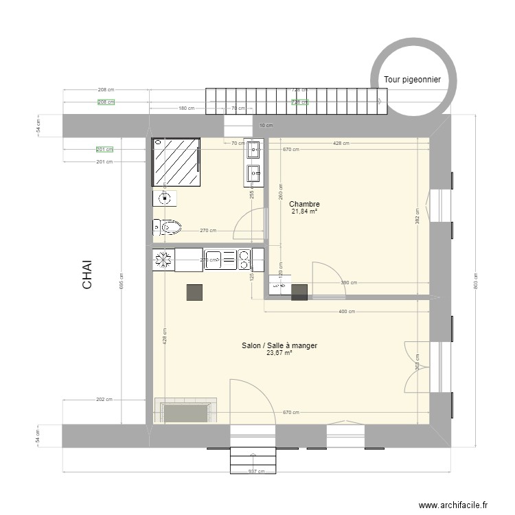 Gite rural dans chai Projet. Plan de 2 pièces et 46 m2