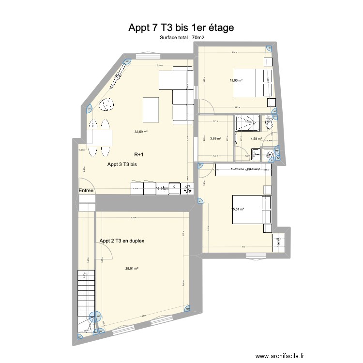 Appt 4 T3 bis 1er etage. Plan de 6 pièces et 109 m2