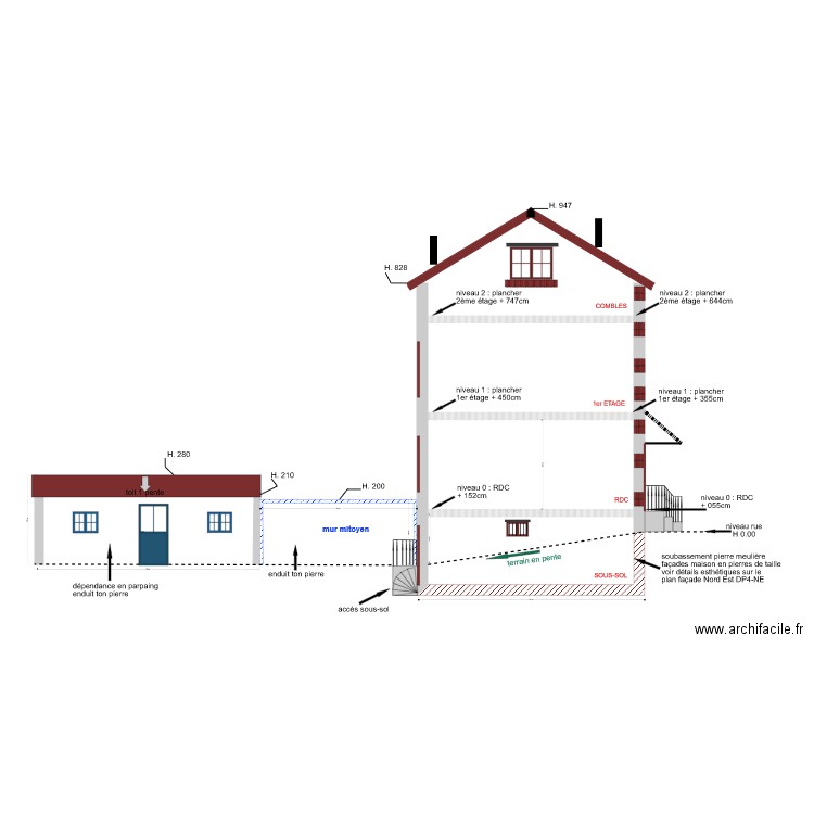 DP4 SE Plan de façade Sud Est EXISTANT. Plan de 0 pièce et 0 m2