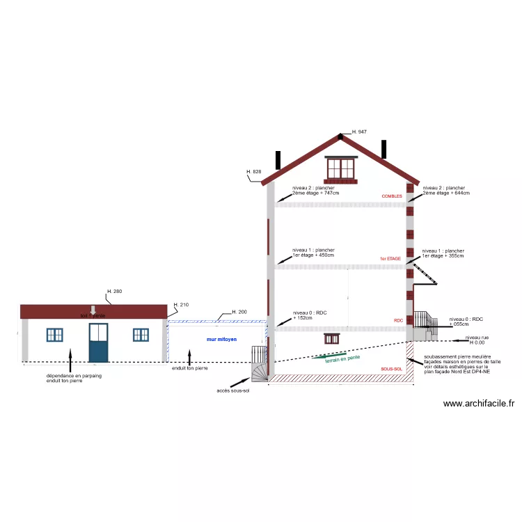 DP4 SE Plan de fa&ccedil;ade Sud Est EXISTANT. Plan de 