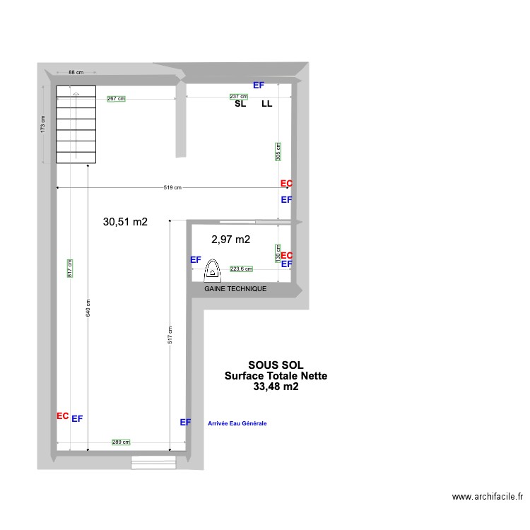 Sous sol Courbevoie finale cotes 17 11 2021. Plan de 9 pièces et 34 m2