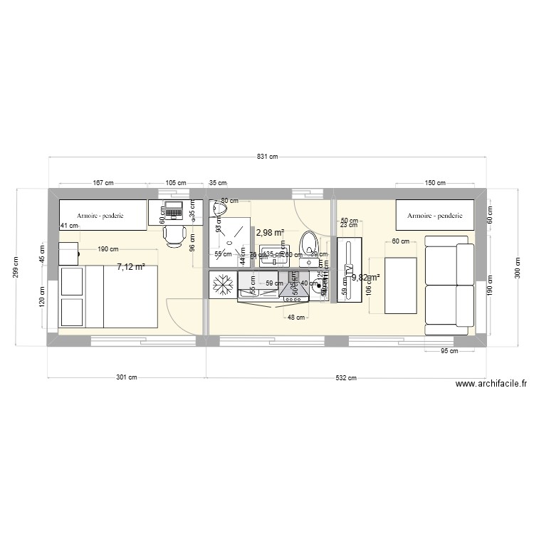 MICHEL  8,30 X 3 = 24,90 M2 (25). Plan de 3 pièces et 20 m2