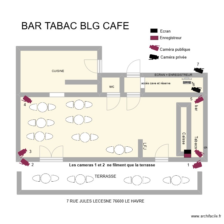 7 cafe vidéosurveillance. Plan de 5 pièces et 57 m2