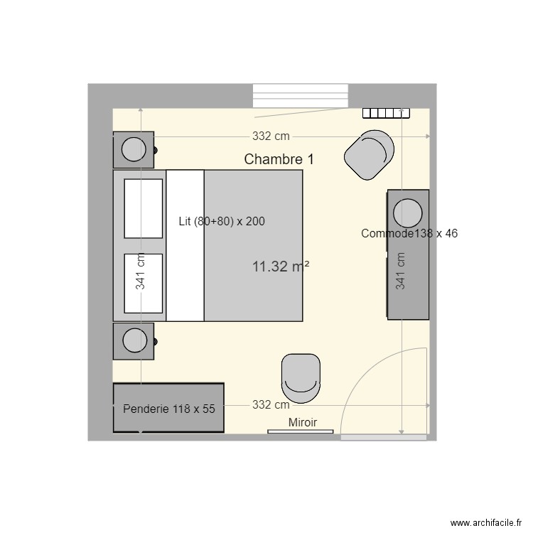 Appartement - Chambre n° 1. Plan de 1 pièce et 11 m2