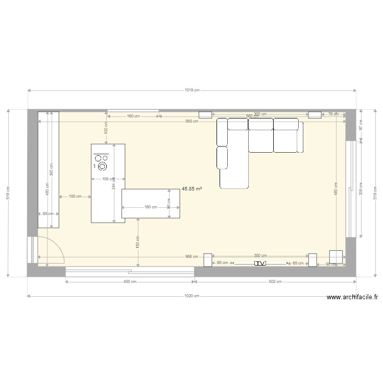 pièce de vie sans verriere. Plan de 1 pièce et 46 m2