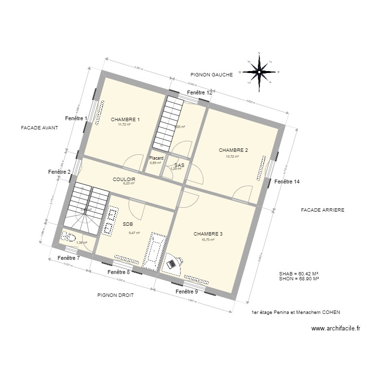 1er étage COHEN Menachem et Penina. Plan de 10 pièces et 69 m2