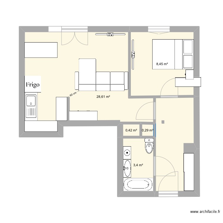 Appt Romain. Plan de 5 pièces et 41 m2