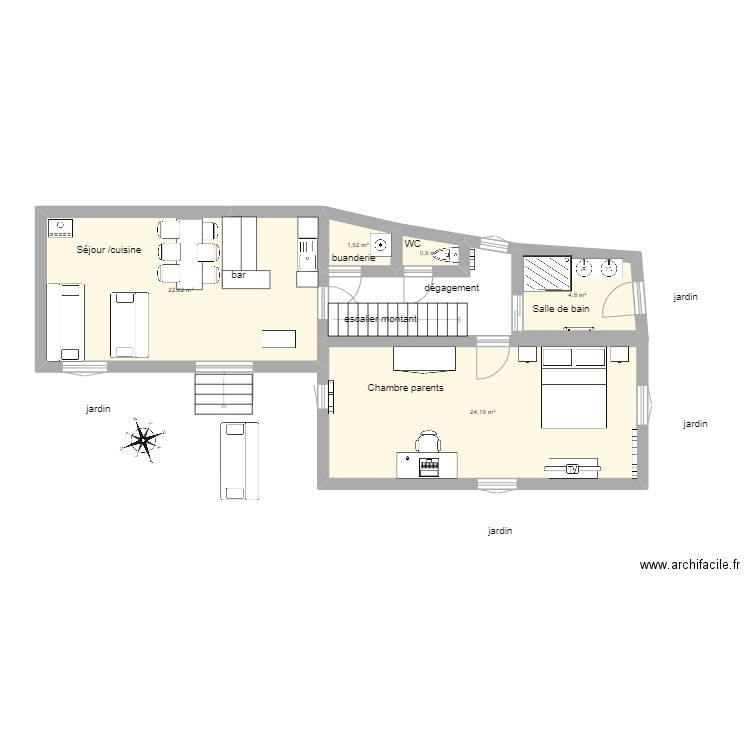 Chirassimont rez de jardin. Plan de 5 pièces et 54 m2