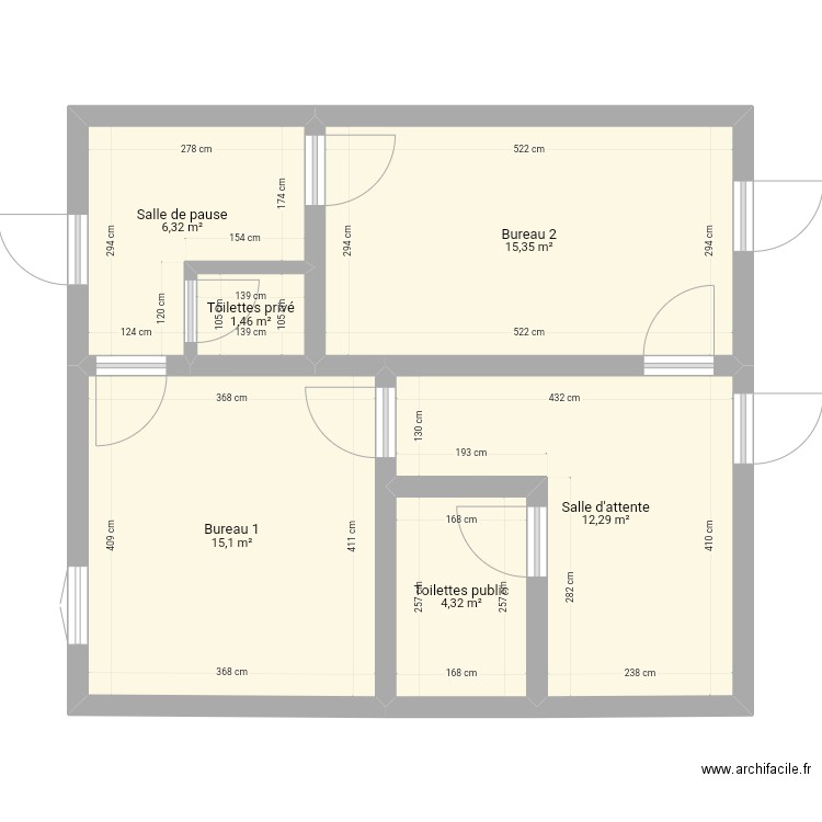 Pompertuzat 2 (si local carré). Plan de 6 pièces et 55 m2