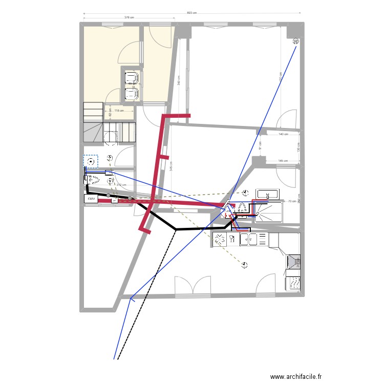 boetie bas plomberie. Plan de 16 pièces et 92 m2