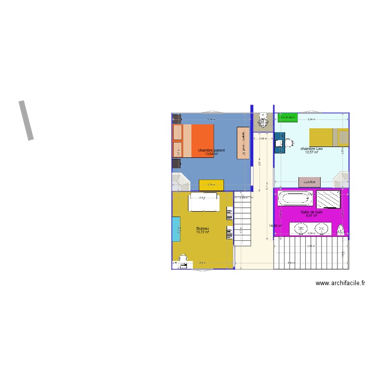 1er etage. Plan de 6 pièces et 61 m2
