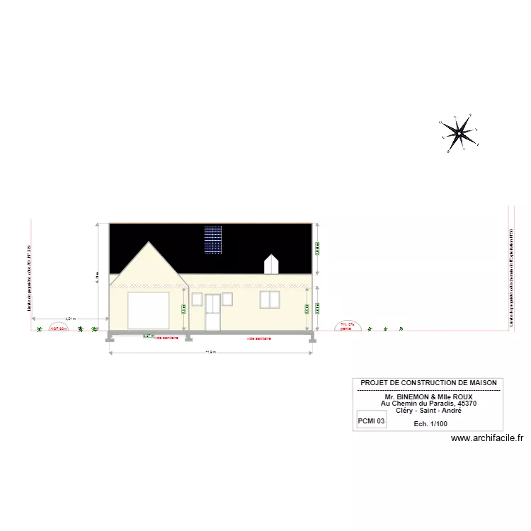 PLAN en COUPE du terrain et la construction . Plan de 