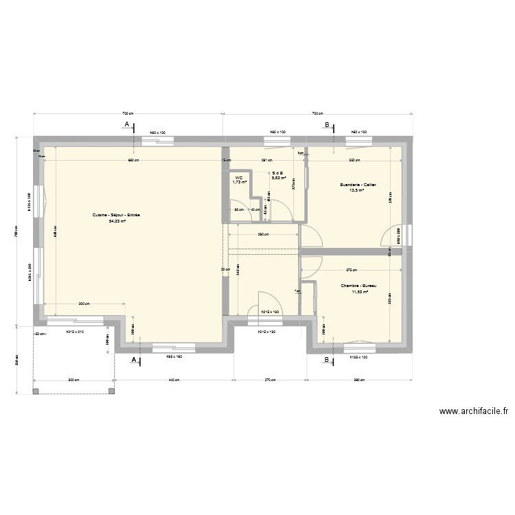 RDC Isolation dalle (projection mousse PU). Plan de 5 pièces et 87 m2