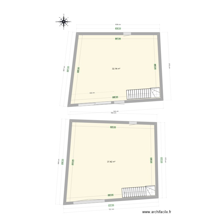 Plan 2 étages vierges. Plan de 2 pièces et 70 m2