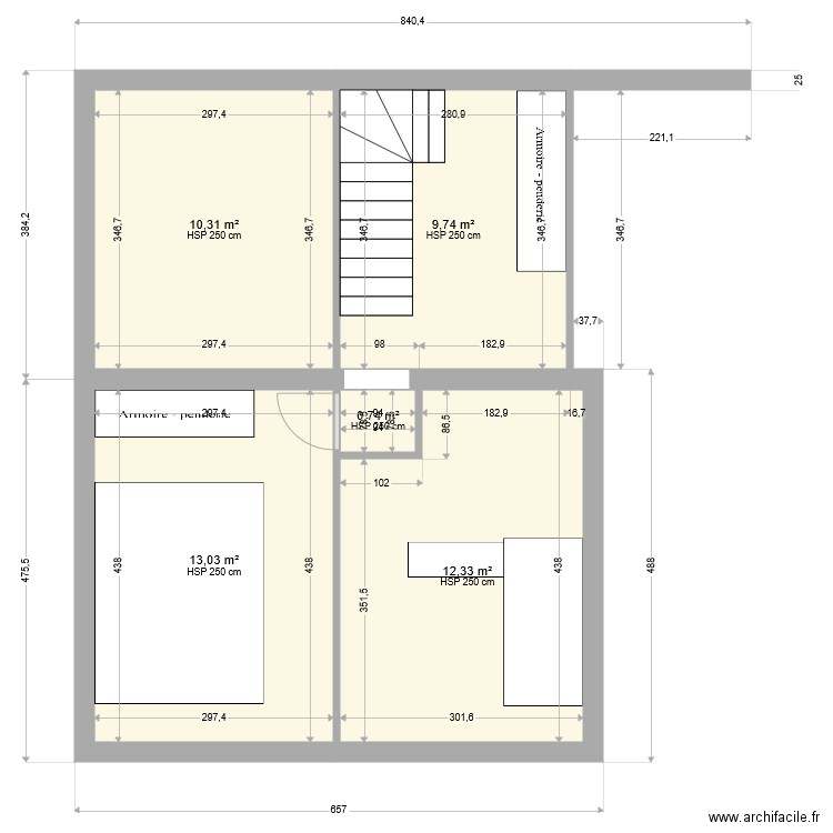 Chambres. Plan de 5 pièces et 46 m2