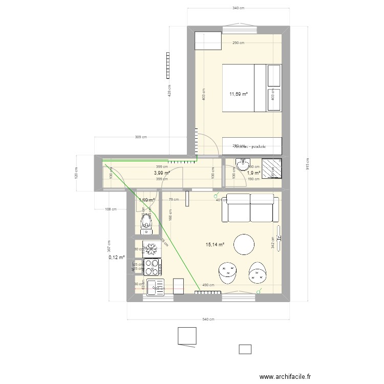 F2 34m ASNIERE  VIR. Plan de 6 pièces et 34 m2