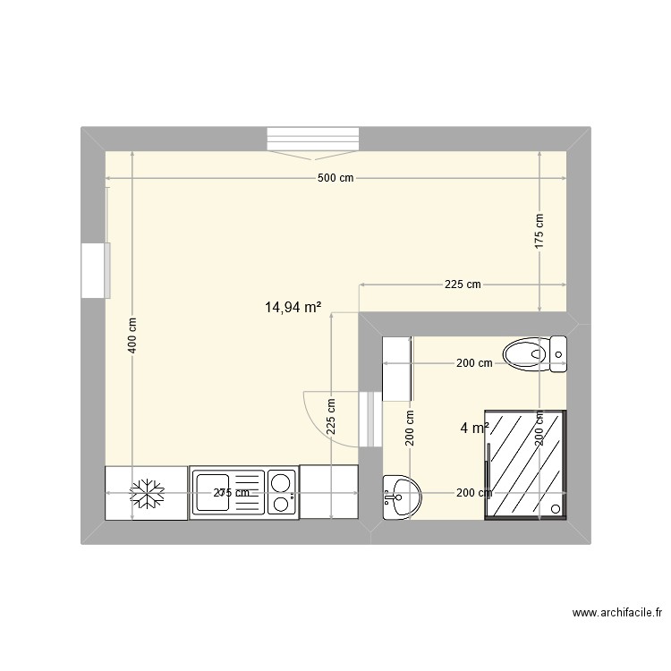 plan du studio de M. M. Plan de 2 pièces et 19 m2