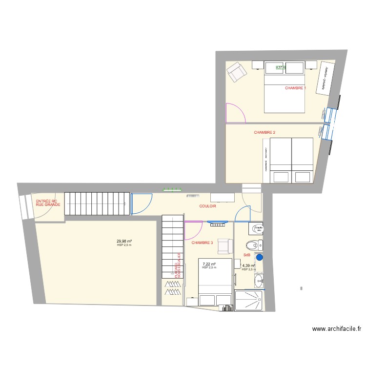 1ÉTAGE APRES TRAVAUX 2. Plan de 4 pièces et 53 m2