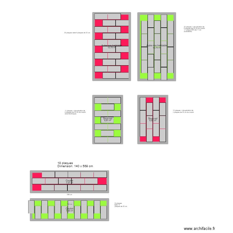 couloir avec plaque isolation. Plan de 6 pièces et 55 m2