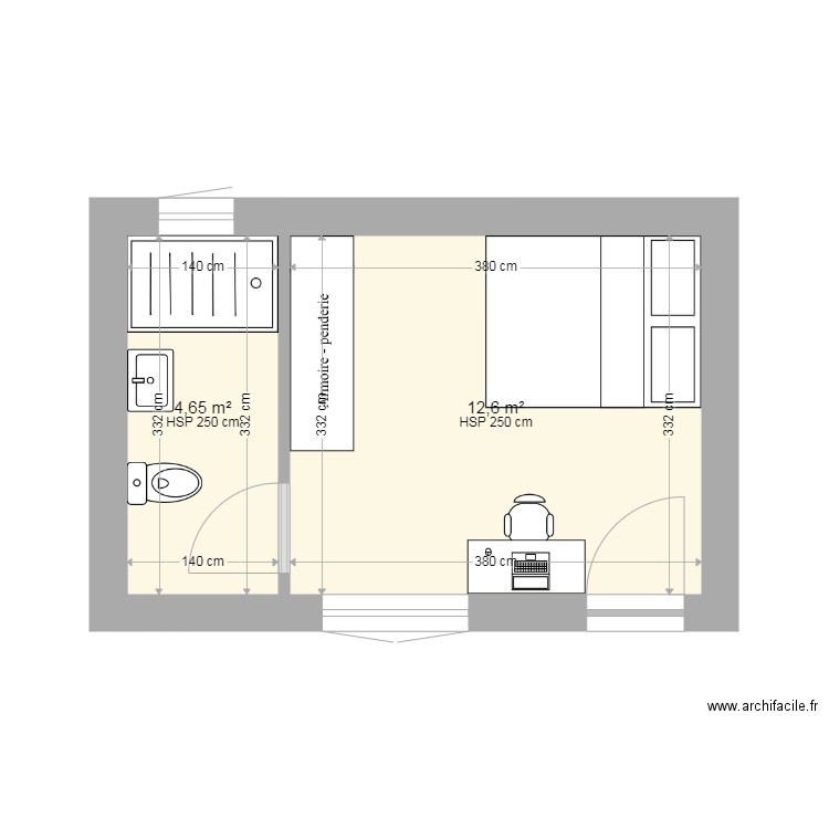 Extension. Plan de 2 pièces et 17 m2