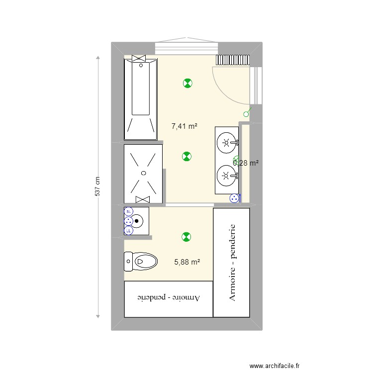 sdb paradis V5. Plan de 3 pièces et 14 m2