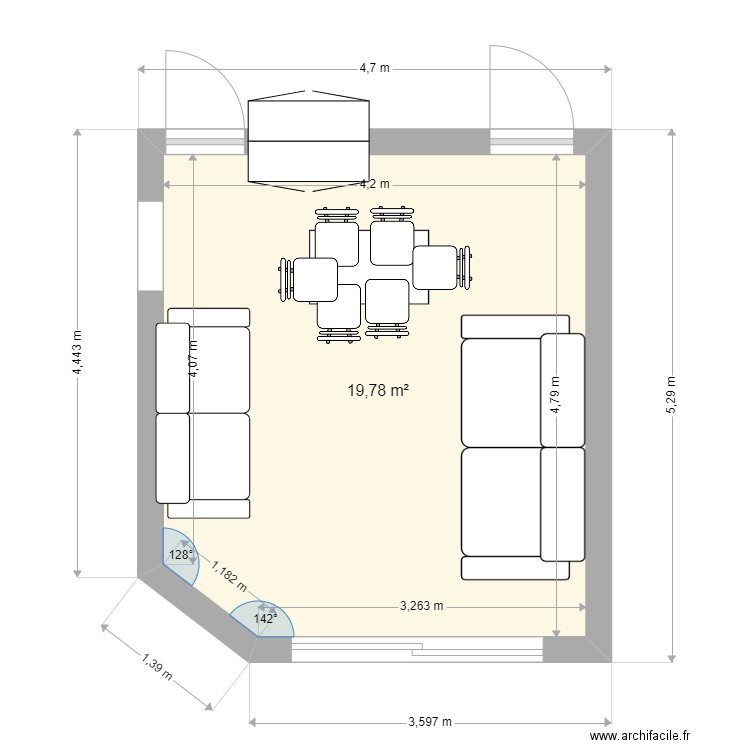 Gege espagne salon. Plan de 1 pièce et 20 m2