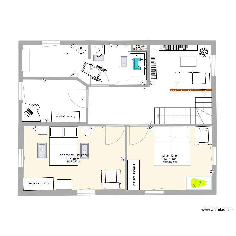 SDB PA. Plan de 3 pièces et 29 m2