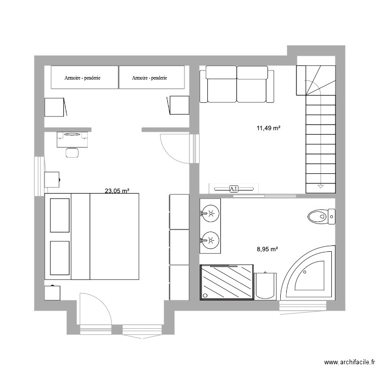 Sous Sol. Plan de 3 pièces et 43 m2