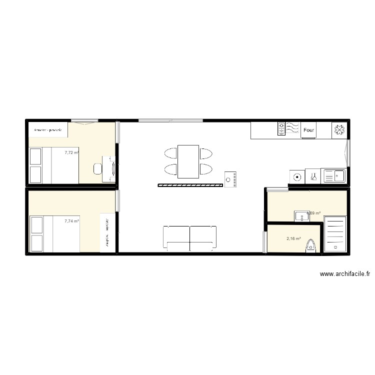 Maison container plan 1. Plan de 4 pièces et 22 m2