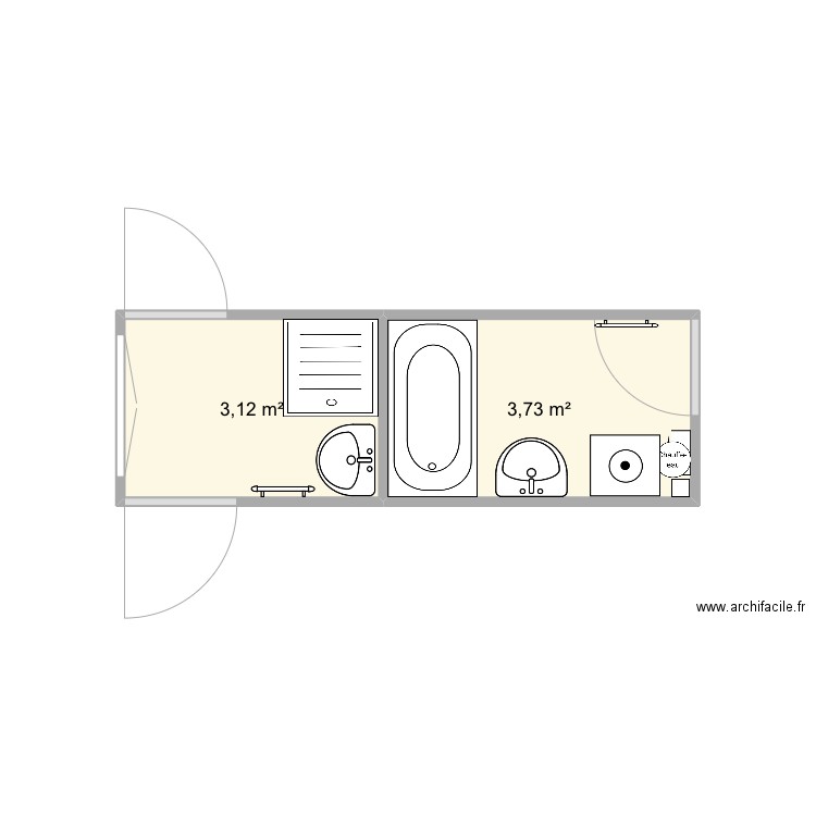 Salle de bain actuelle. Plan de 2 pièces et 7 m2