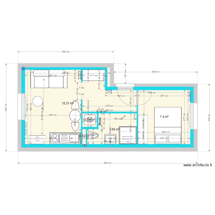 Appart 002 RDC. Plan de 6 pièces et 59 m2