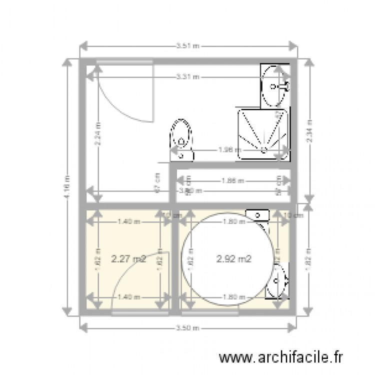 sanitaires UD 45. Plan de 2 pièces et 5 m2