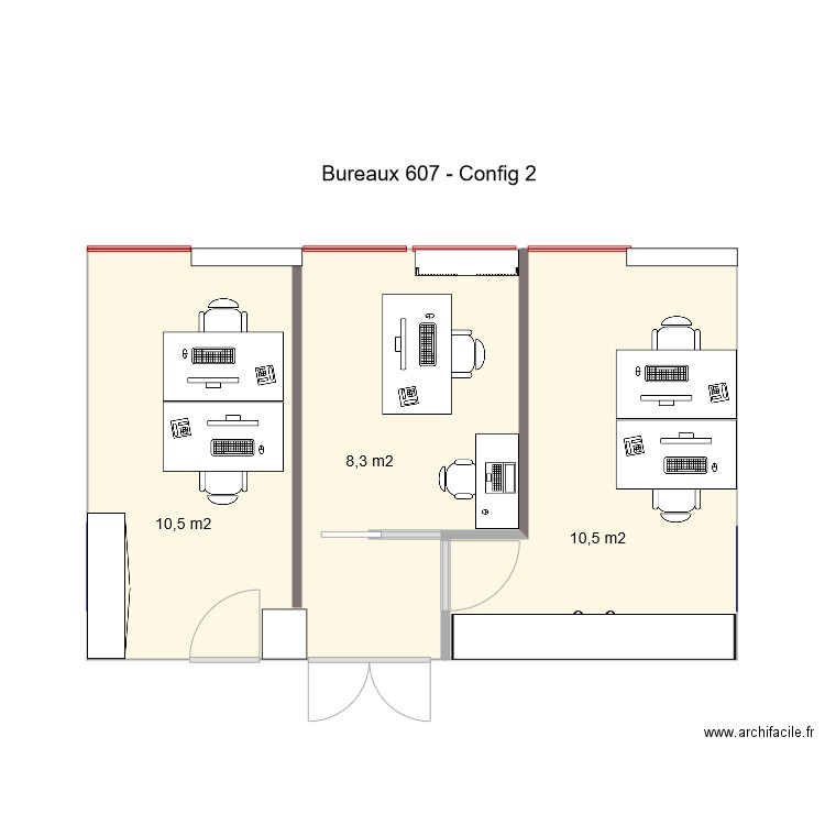 Bureaux 607 Config2. Plan de 2 pièces et 34 m2