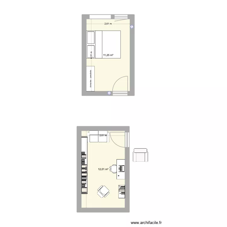 pi&egrave;ces. Plan de 2  et 23 m²