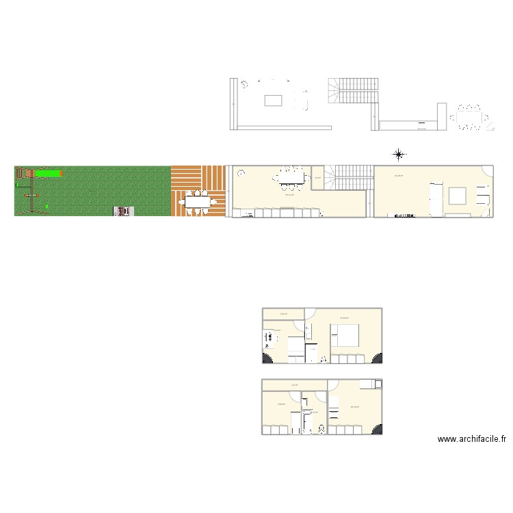 Maison en long. Plan de 10 pièces et 128 m2